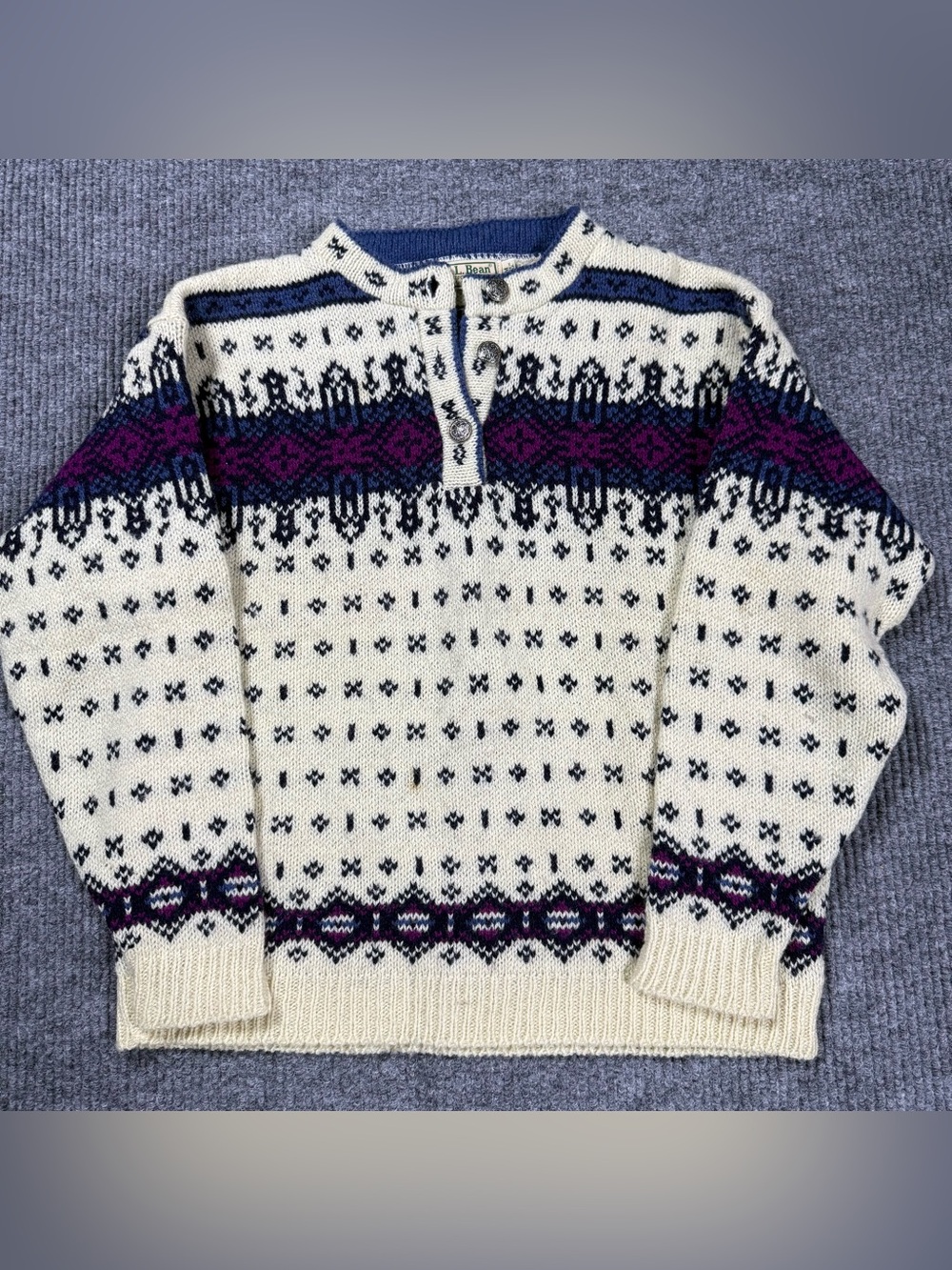 VTG L.L. Bean 1/4 Button Knit Sweater Henley Fairisle Pattern Wool USA Womens M
